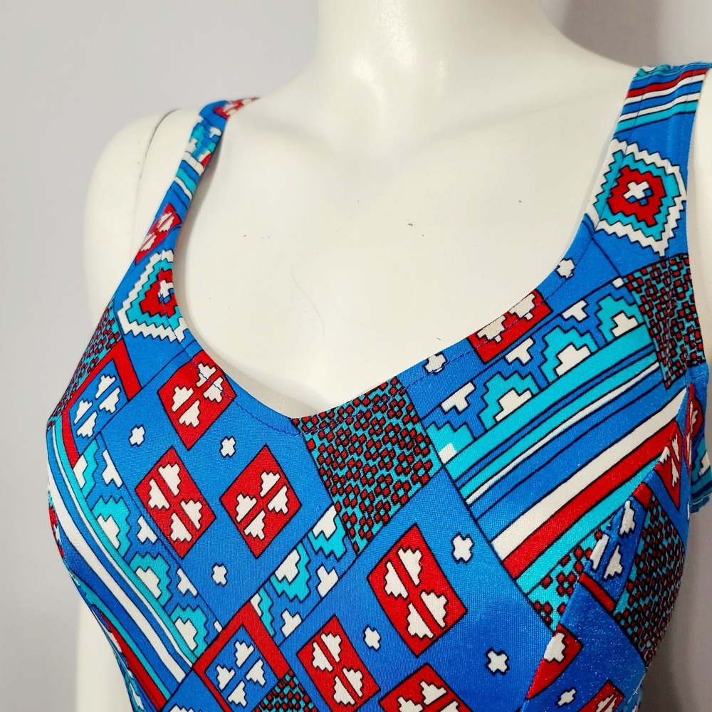 Vintage Bathing Suit, 60s/70s Swimsuit, MOD Print, Geometric, Red White and Blue